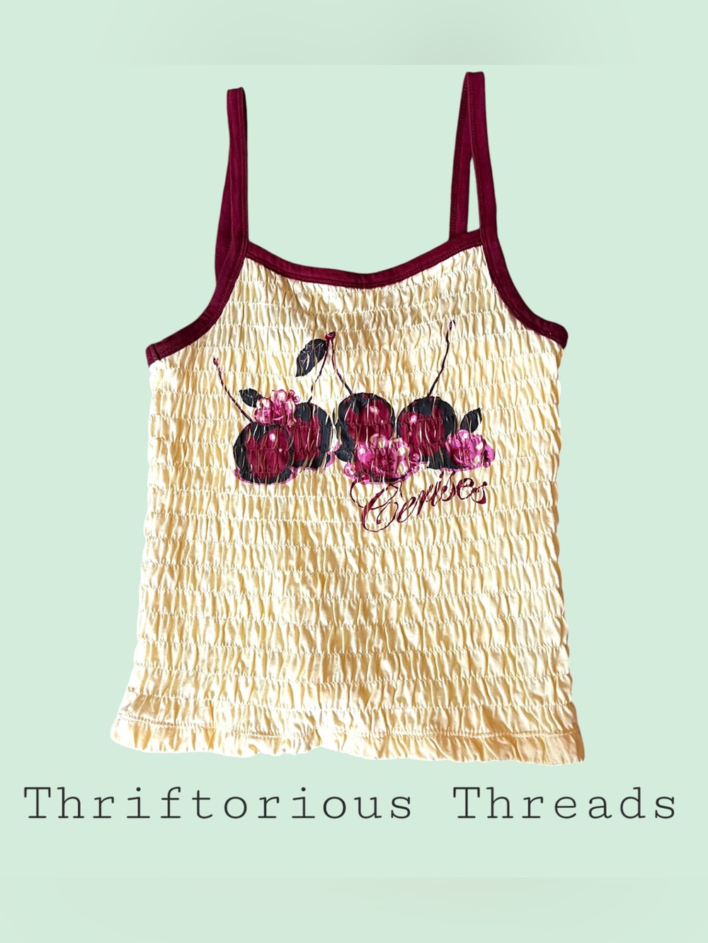 Urban Outfitters Yellow Smocked Camisole with Burgundy Trim and Cherry Graphic - Picture 3 of 4